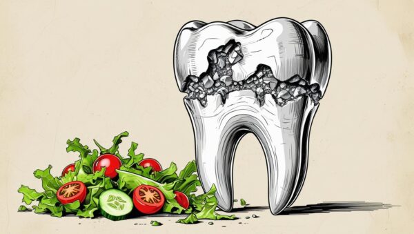 Imagen creada con Canva IA que ilustra un diente dañado para el que una simple ensalada representa una gran amenaza.